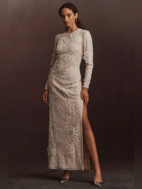 bhldn long-sleeve mock-neck stretch lace maxi dress Bhldn Long Sleeve Mock Neck Stretch Lace Maxi Dress